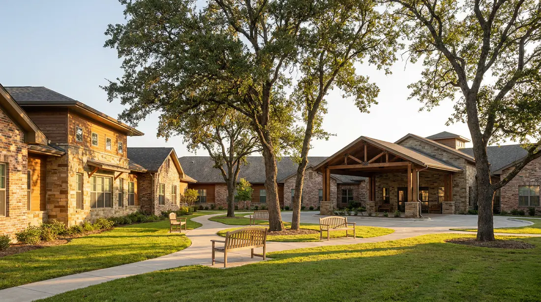 Stone and timber senior living buildings around a lawn with wooden benches and oak trees