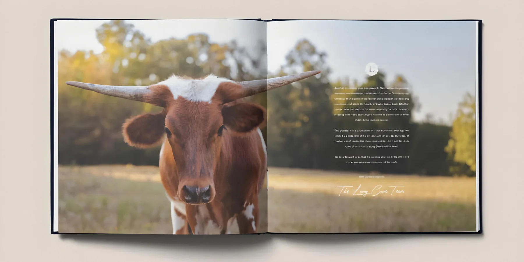 A Long Cove book open to a photograph of a longhorn in a field
