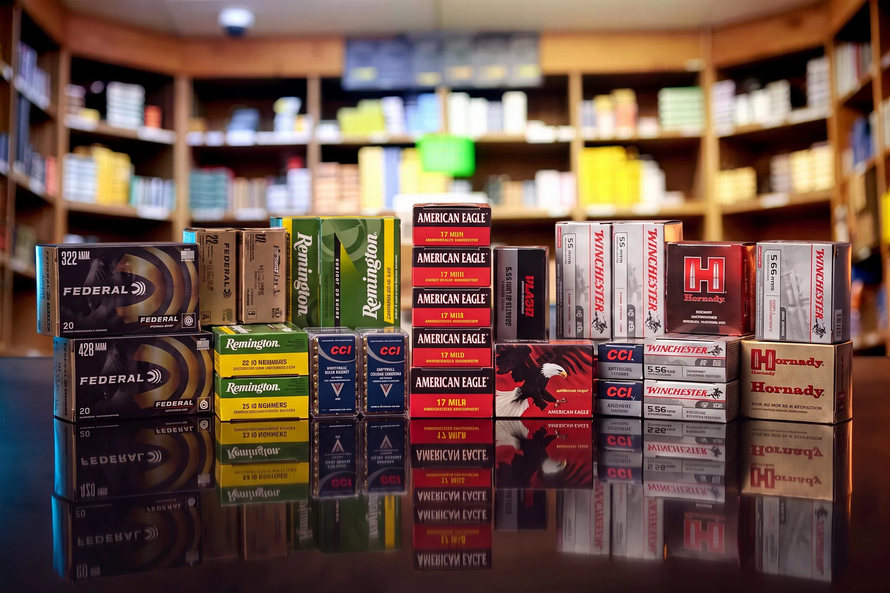 Boxes of ammunition from several brands lined up on a counter