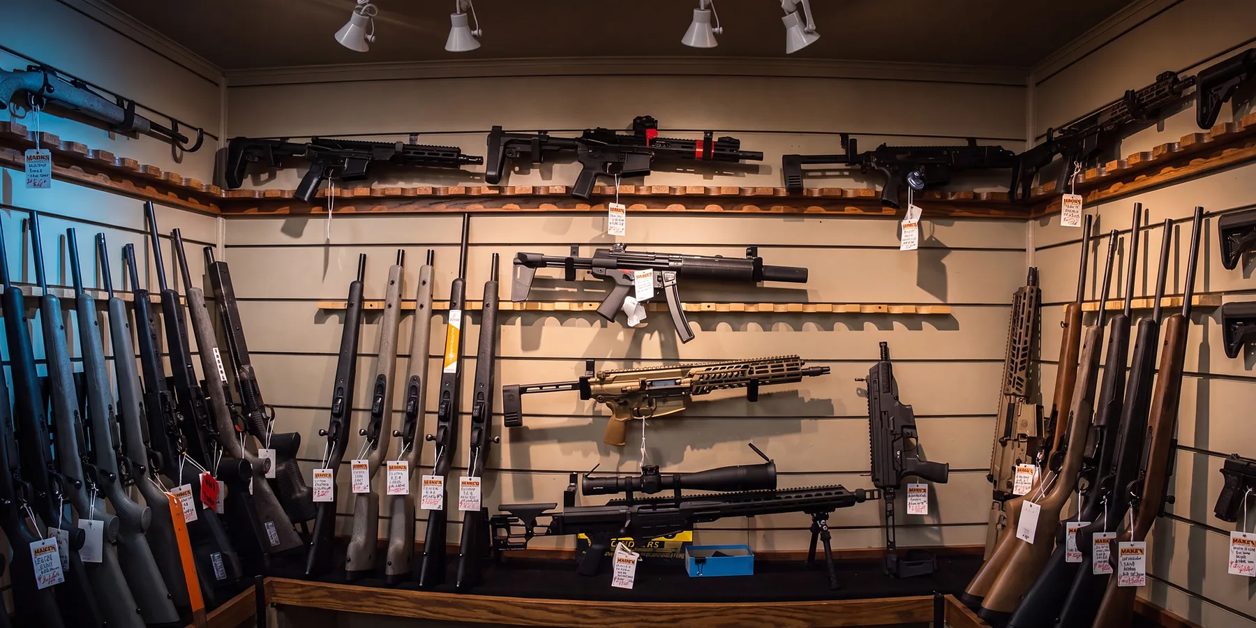 Rifles and shotguns across three walls of the store