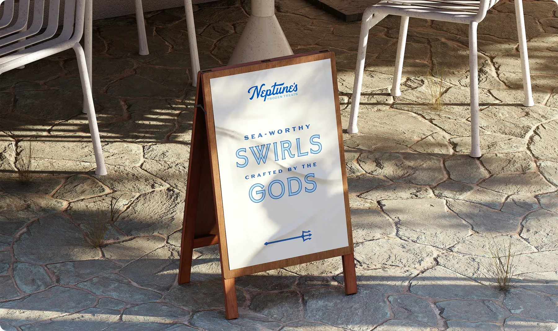 Neptune’s sidewalk sign outside the shop