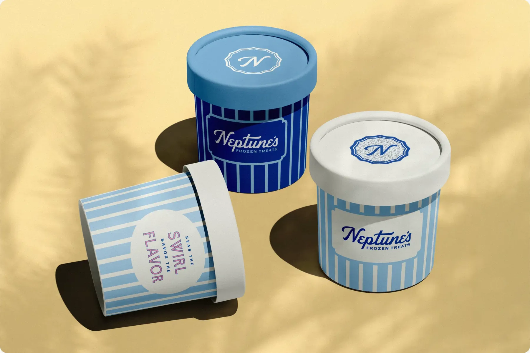 Neptune’s Frozen Treats ice cream cups on a yellow backdrop