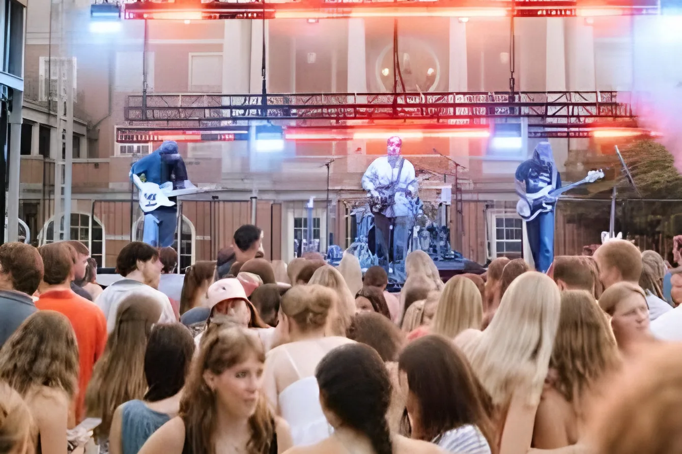 Students crowding the stage at an outdoor concert on campus