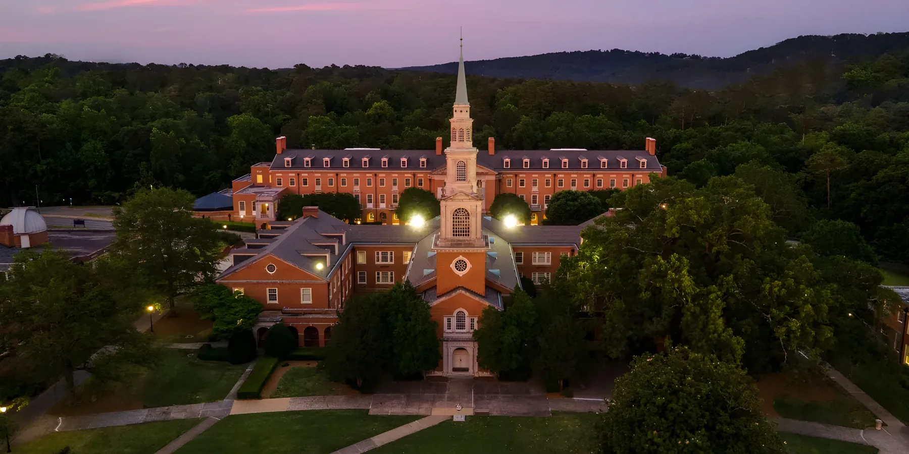 The Samford campus from the air at sunset